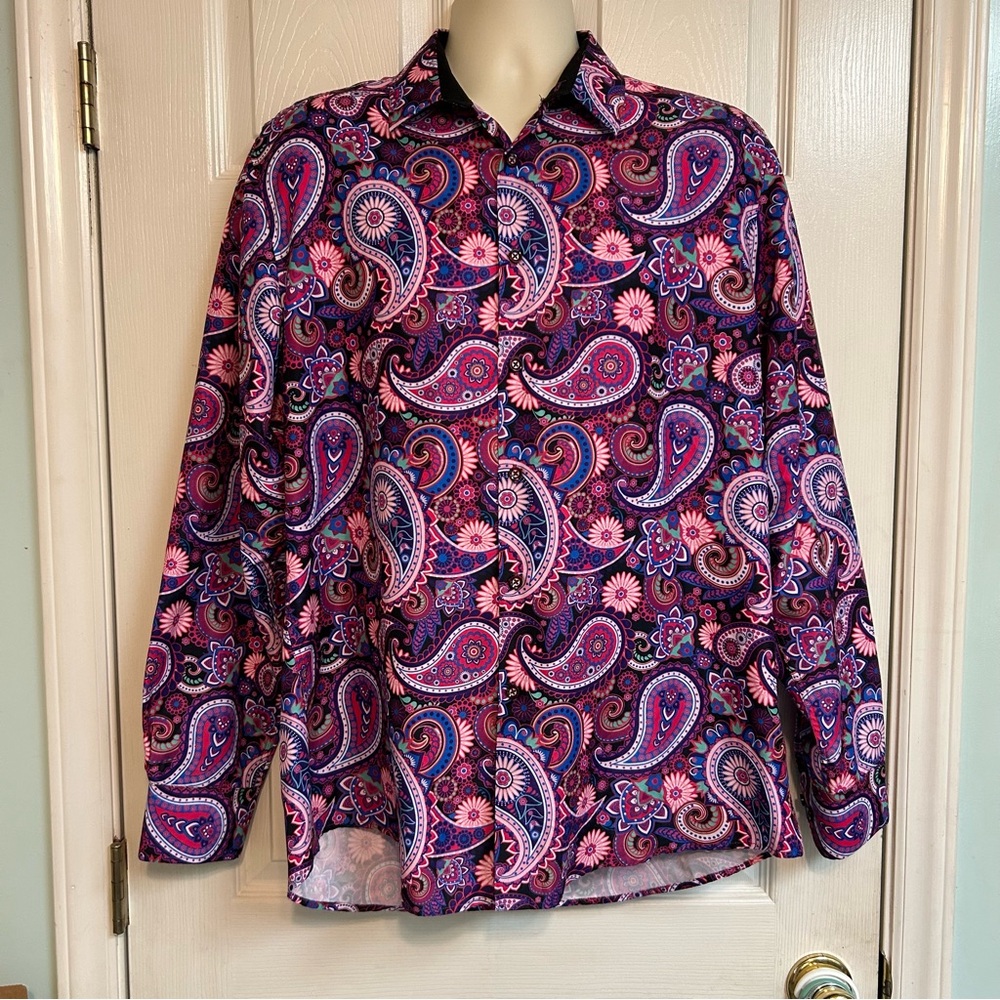 Premier Men's Paisley Button Down Shirt - Colorful Designer Reds and Pinks
